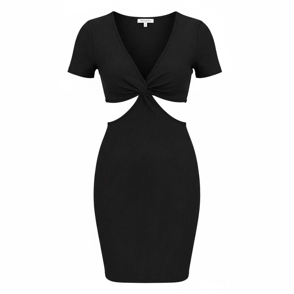 White Fox Black Ribbed Twist Front Cut Out Bodycon Mini Dress